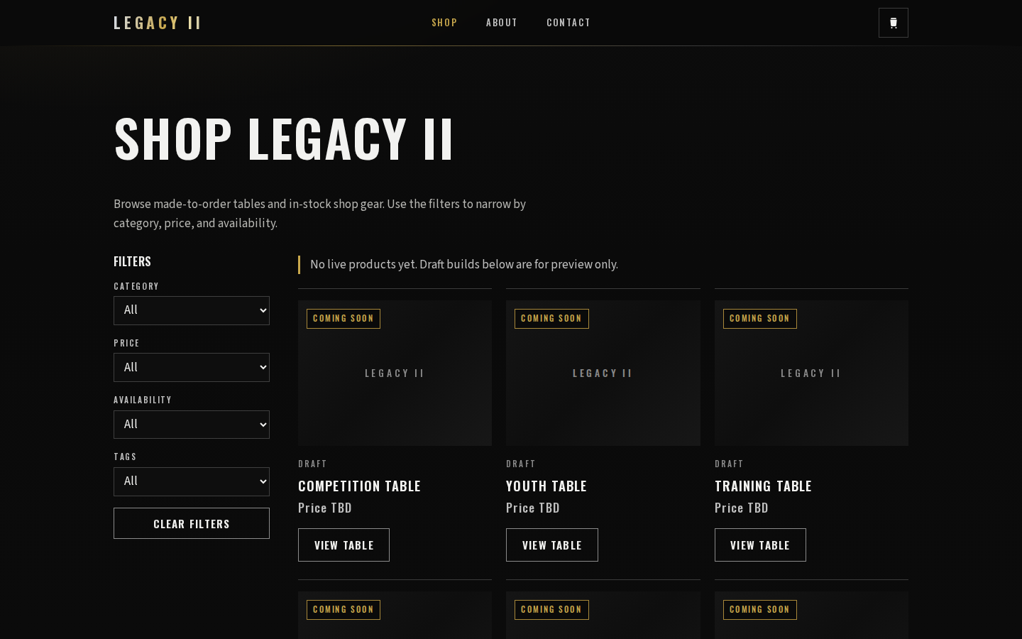 Legacy Tables website — shop